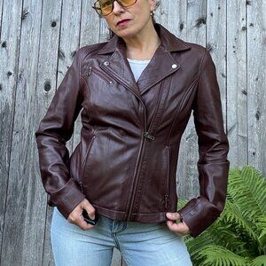 NWOT ANDREW MARC Burgundy Women's Moto Leather Jacket Size M
